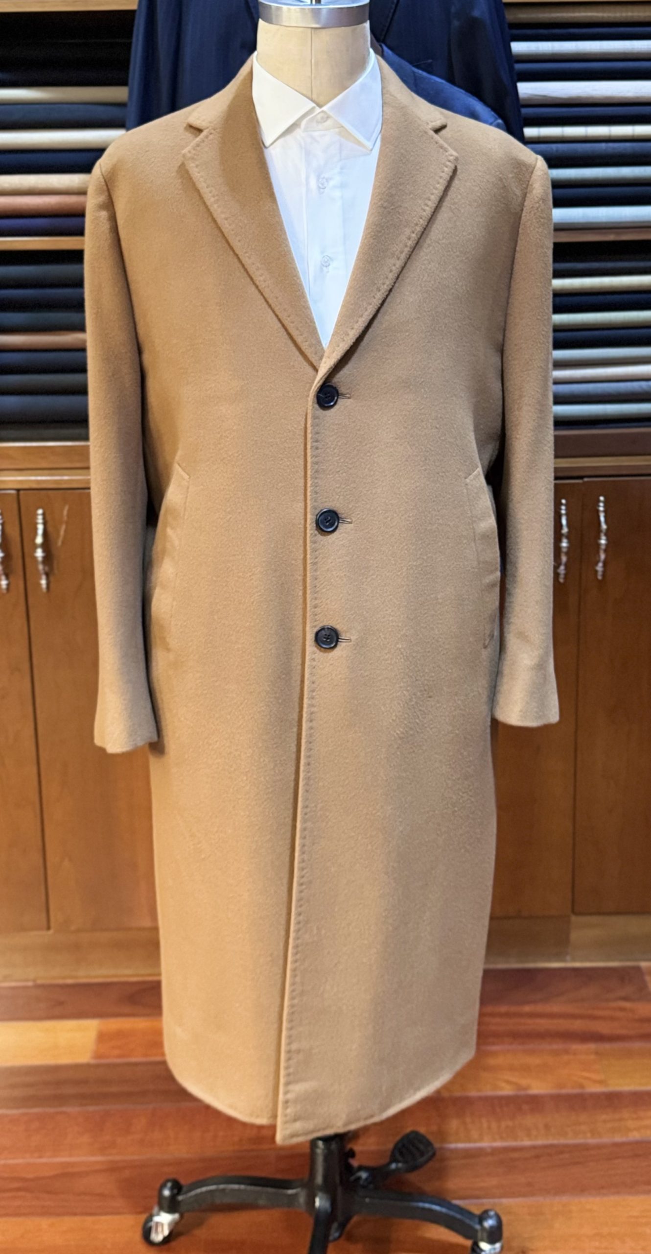 full length photo of a bespoke vicuña coat made by Bhambi's Custom Tailors in NYC