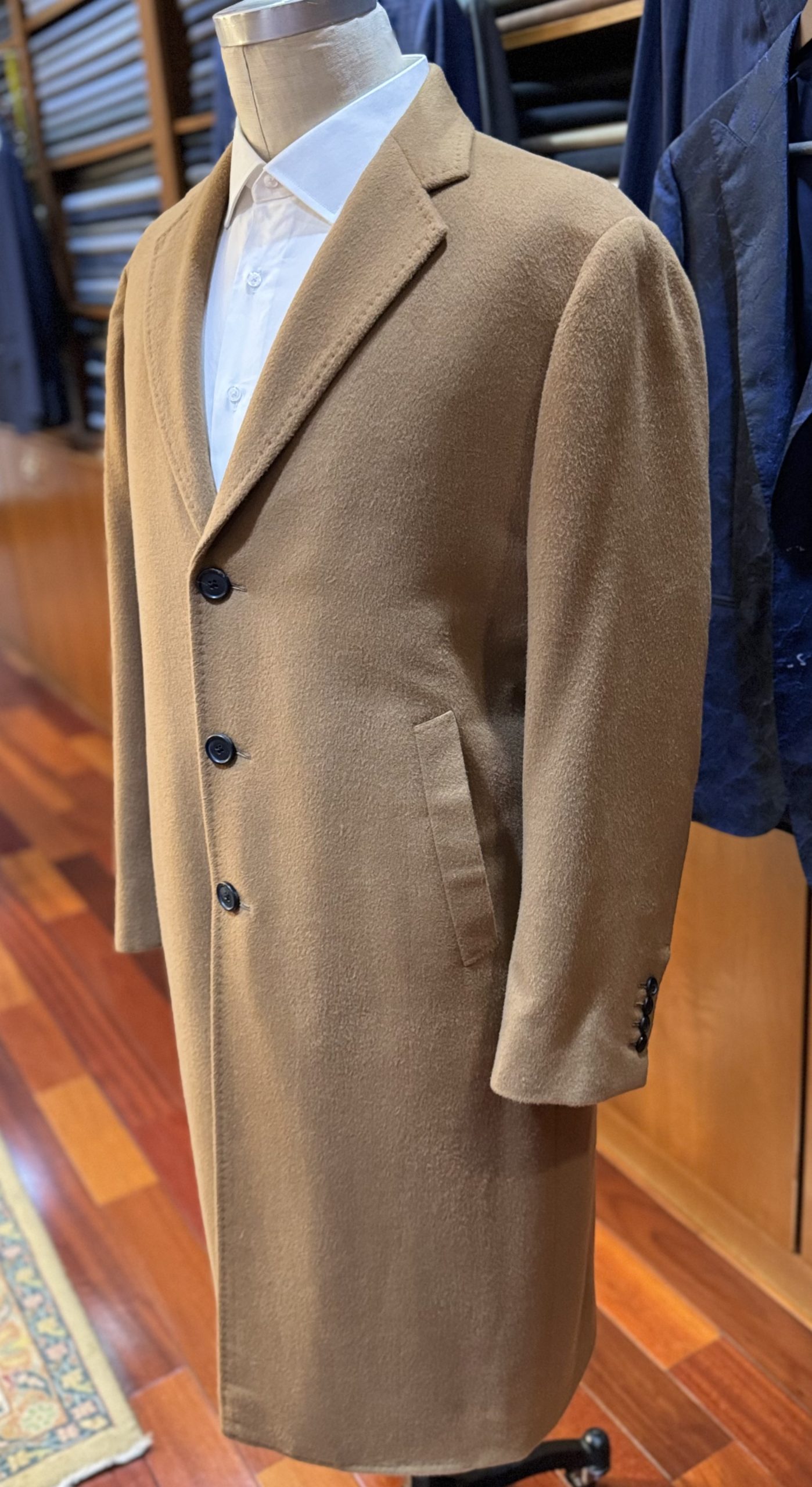Full length picture of a luxury bespoke vicuña coat made by Bhambi's Custom Tailors 