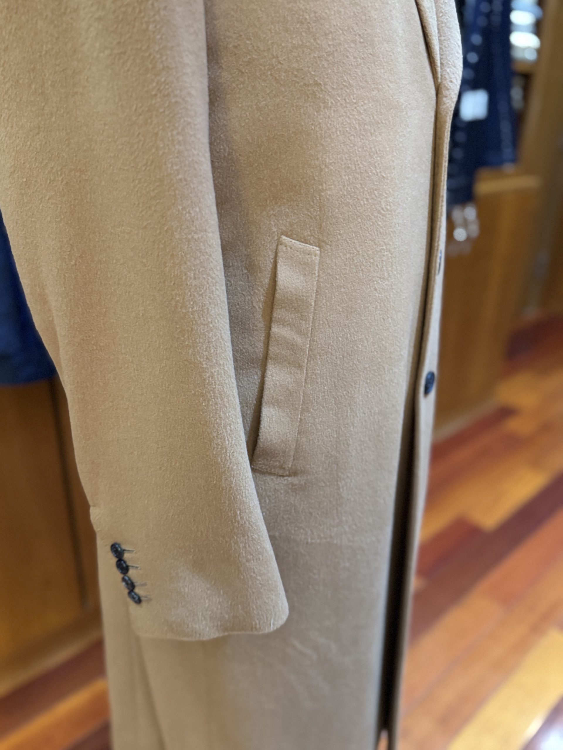 A close up look at a bespoke vicuña coat made by Bhambi's Custom Tailors in NYC