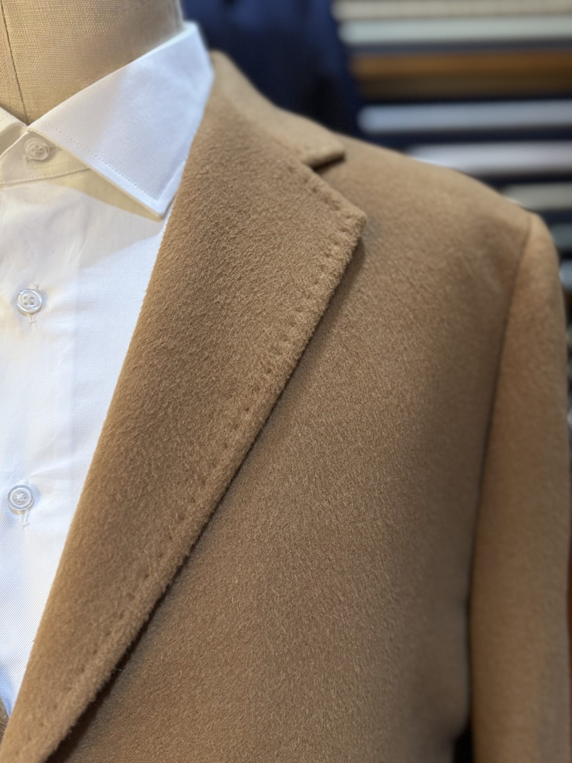 a close up look of a bespoke vicuña coat made by Bhambi's Custom in NYC Tailors